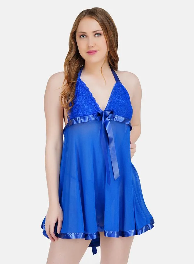 Take Two Women Blue Self Design Lace Babydoll and Brief Set By Hill Islands